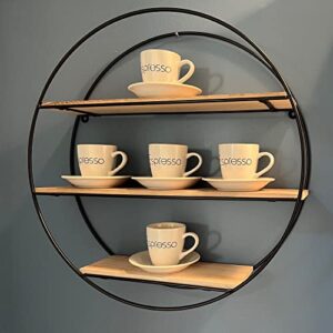 WHW Whole House Worlds Industrial Chic Round Metal Wall Shelf, 3 Levels, Inset Wood, Lacquered Black Iron, 16.5 Inch Diameter