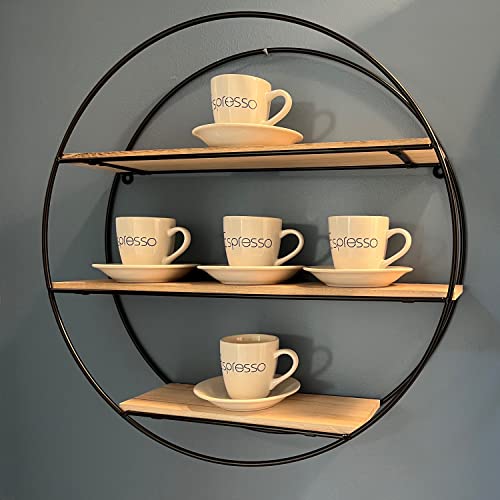 WHW Whole House Worlds Industrial Chic Round Metal Wall Shelf, 3 Levels, Inset Wood, Lacquered Black Iron, 16.5 Inch Diameter