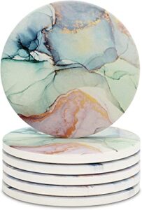 hsehld marble coasters for drinks, geode coasters, agate coaster large absorbent, water absorbing coasters for glass table top – large 4 inch size, set of 6 (mint green marble)