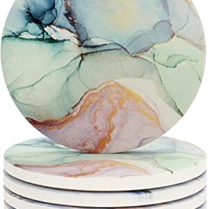 HSEHLD Marble Coasters for Drinks, Geode Coasters, Agate Coaster Large Absorbent, Water Absorbing Coasters for Glass Table Top - Large 4 inch Size, Set of 6 (Mint Green Marble)