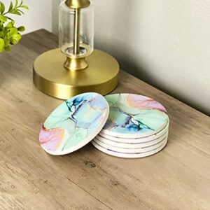 HSEHLD Marble Coasters for Drinks, Geode Coasters, Agate Coaster Large Absorbent, Water Absorbing Coasters for Glass Table Top - Large 4 inch Size, Set of 6 (Mint Green Marble)