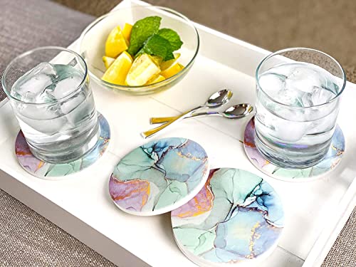 HSEHLD Marble Coasters for Drinks, Geode Coasters, Agate Coaster Large Absorbent, Water Absorbing Coasters for Glass Table Top - Large 4 inch Size, Set of 6 (Mint Green Marble)