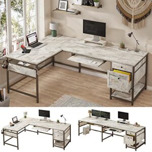 sedeta 69″ l shaped office desk, reversible l shape farmhouse desk or long computer desk, corner desk with letter file drawers, keyboard tray & monitor stand for home office, rustic white.