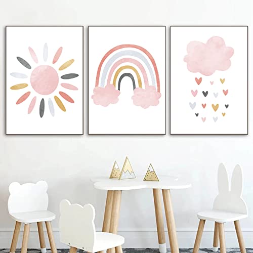 Sun Rainbow Canvas Wall Art Nursery Pink Rainbow Print Sun and Rainbow Nursery Wall Art Sun and Clouds Painting Light Pink Rainbow and Sun Art Nordic Pictures Girls Room Decor 12x16inch X3pcs No Frame