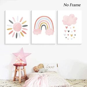 Sun Rainbow Canvas Wall Art Nursery Pink Rainbow Print Sun and Rainbow Nursery Wall Art Sun and Clouds Painting Light Pink Rainbow and Sun Art Nordic Pictures Girls Room Decor 12x16inch X3pcs No Frame