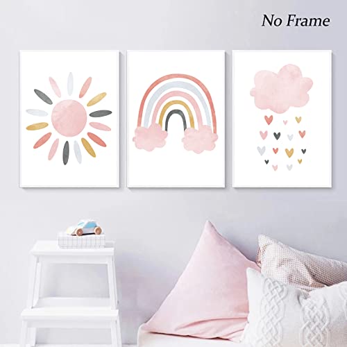 Sun Rainbow Canvas Wall Art Nursery Pink Rainbow Print Sun and Rainbow Nursery Wall Art Sun and Clouds Painting Light Pink Rainbow and Sun Art Nordic Pictures Girls Room Decor 12x16inch X3pcs No Frame