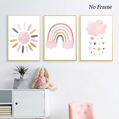 Sun Rainbow Canvas Wall Art Nursery Pink Rainbow Print Sun and Rainbow Nursery Wall Art Sun and Clouds Painting Light Pink Rainbow and Sun Art Nordic Pictures Girls Room Decor 12x16inch X3pcs No Frame