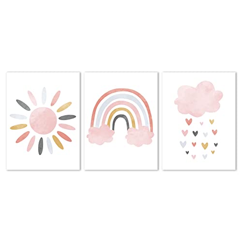 Sun Rainbow Canvas Wall Art Nursery Pink Rainbow Print Sun and Rainbow Nursery Wall Art Sun and Clouds Painting Light Pink Rainbow and Sun Art Nordic Pictures Girls Room Decor 12x16inch X3pcs No Frame