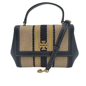 Tory Burch 136228 Juliette French Linen Natural Tan Khaki/Black With Gold Hardware Women's Top Handle Satchel Bag