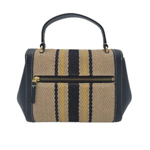 Tory Burch 136228 Juliette French Linen Natural Tan Khaki/Black With Gold Hardware Women's Top Handle Satchel Bag