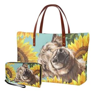 wideasale highland cow sunflower printed 2pcs handbags purse set with wallet for women outdoor sports athletic tote bags zippered large shoulder bag