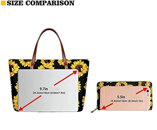 Wideasale Highland Cow Sunflower Printed 2Pcs Handbags Purse Set with Wallet for Women Outdoor Sports Athletic Tote Bags Zippered Large Shoulder Bag