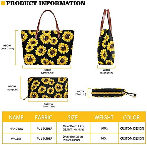 Wideasale Highland Cow Sunflower Printed 2Pcs Handbags Purse Set with Wallet for Women Outdoor Sports Athletic Tote Bags Zippered Large Shoulder Bag