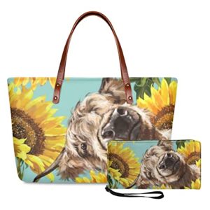 Wideasale Highland Cow Sunflower Printed 2Pcs Handbags Purse Set with Wallet for Women Outdoor Sports Athletic Tote Bags Zippered Large Shoulder Bag