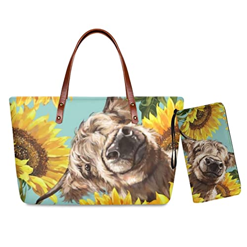 Wideasale Highland Cow Sunflower Printed 2Pcs Handbags Purse Set with Wallet for Women Outdoor Sports Athletic Tote Bags Zippered Large Shoulder Bag