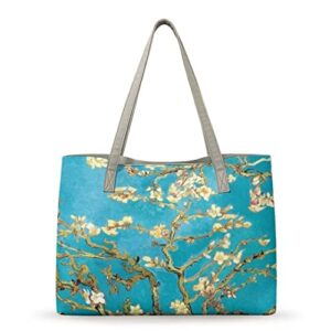 poetesant almond blossom tote bag women van gogh top-handle handbags oil painting shoulder purses floral art leather satchel bags