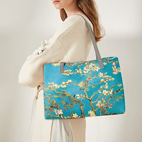 Poetesant Almond Blossom Tote Bag Women Van Gogh Top-Handle Handbags Oil Painting Shoulder Purses Floral Art Leather Satchel Bags