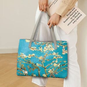 Poetesant Almond Blossom Tote Bag Women Van Gogh Top-Handle Handbags Oil Painting Shoulder Purses Floral Art Leather Satchel Bags