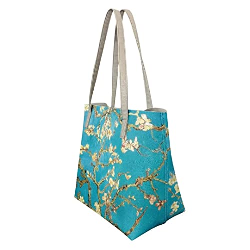 Poetesant Almond Blossom Tote Bag Women Van Gogh Top-Handle Handbags Oil Painting Shoulder Purses Floral Art Leather Satchel Bags