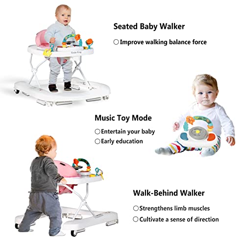 Kinder King Activity Baby Walker 3 in 1 Folding Learning Walker Boys Girls Seated or Push Behind Infant Activity Center w/Adjustable Height & Speed Music & Lights Toys Steering Wheel Pink 1.0 Count