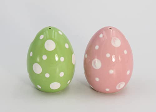 Fine Ceramic Pink & Green Easter Egg Salt & Pepper Shakers Set, 2-3/4" H