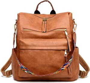lafrious women backpack purse, pu leather casual fashion shoulder bag convertible detachable colorful strap 3 ways to carry brown