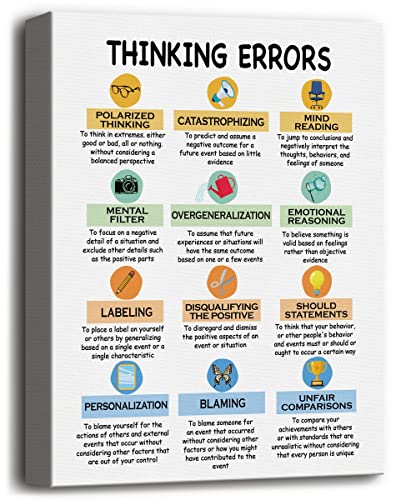 Thinking Errors Canvas Wall Art Decor, Cognitive Distortions Decor, School Psychologist Canvas Prints Poster Counselor Office Decor, Therapy Anxiety, Psychologist CBT Mental Health Strategies 12x15