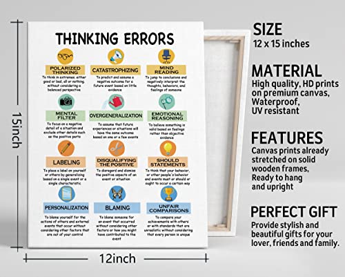 Thinking Errors Canvas Wall Art Decor, Cognitive Distortions Decor, School Psychologist Canvas Prints Poster Counselor Office Decor, Therapy Anxiety, Psychologist CBT Mental Health Strategies 12x15