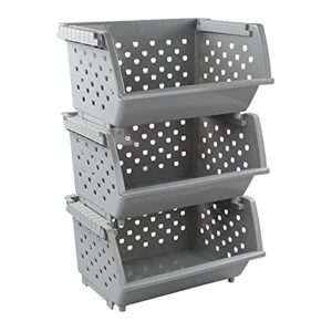 easymanie 3 pack plastic stackable baskets, open front stacking storage bins