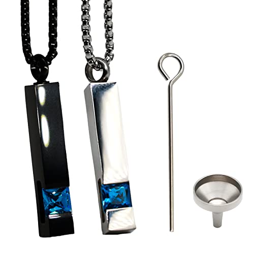 NAIVELY 2 Pieces Crystal Cremation Urn Necklace for Human Pet Ashes Stainless Steel Black Silver Tone Bar Zircon Memorial Pendant, for Ashes Keepsake Cremation Jewelry