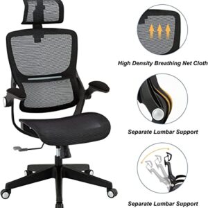 Office Chair Ergonomic Desk Chair - Curved Linear Mesh Seat Lumbar Support HighBack Computer Chair with Headrest Flip-up Armrests, Adjustable Height & Tilt Home Chairs, Swivel Executive Task Chair