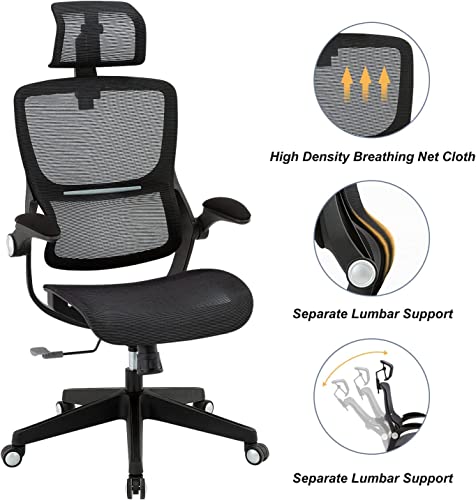 Office Chair Ergonomic Desk Chair - Curved Linear Mesh Seat Lumbar Support HighBack Computer Chair with Headrest Flip-up Armrests, Adjustable Height & Tilt Home Chairs, Swivel Executive Task Chair