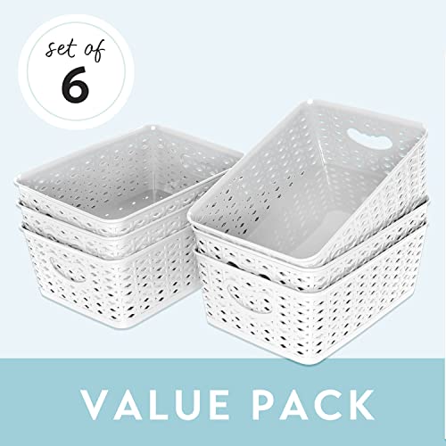 LARQUE Plastic Storage Bins, 6 Pack, 10.2 in x 7.3 in x 3.9 in - Small Weave Organization and Storage Bins, Perfect for Kitchens, Pantries, Craft Rooms Bookshelves and More