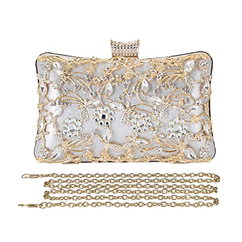 CORIOS Rhinestone Evening Bag for Women Crystal Clutch Bag Sparkly Sequin Glitter Handbag Floral Shoulder Bag Bridal Wedding Purse Crossbody Bag for Wedding Cocktail Party Banquet Prom Silver