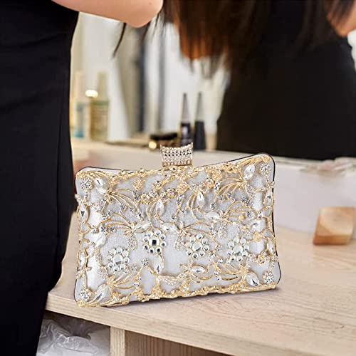 CORIOS Rhinestone Evening Bag for Women Crystal Clutch Bag Sparkly Sequin Glitter Handbag Floral Shoulder Bag Bridal Wedding Purse Crossbody Bag for Wedding Cocktail Party Banquet Prom Silver