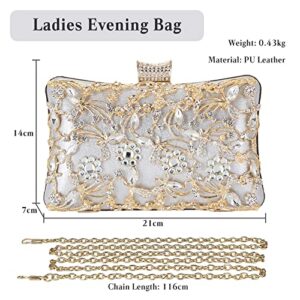 CORIOS Rhinestone Evening Bag for Women Crystal Clutch Bag Sparkly Sequin Glitter Handbag Floral Shoulder Bag Bridal Wedding Purse Crossbody Bag for Wedding Cocktail Party Banquet Prom Silver