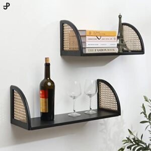 [PJ Collection] Decorative Wooden Wall Shelf with Rattan, Set of 2, Floating Shelves, Wall Mount, Wall Shelf, Rustic Wood Wall Storage Shelves, Sturdy Floating Shelves (Black)