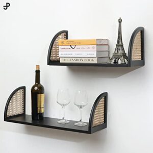 [PJ Collection] Decorative Wooden Wall Shelf with Rattan, Set of 2, Floating Shelves, Wall Mount, Wall Shelf, Rustic Wood Wall Storage Shelves, Sturdy Floating Shelves (Black)