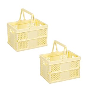 2-pack pastel crates for storage, small basket with handle, colorful plastic crates for desktop drawer shelf organizers (7.3×5.3×4.9inch) champagne yellow