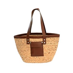 YAHUAN Woven Straw Bag Seagrass Tote Handbag with Leather Pocket Handmade Beach Bag for Women for Shopping & Vacation (Original)