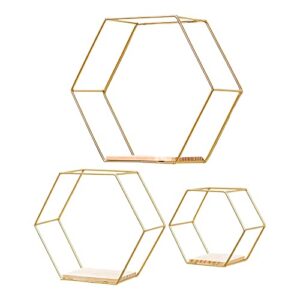 ＫＬＫＣＭＳ 3x nordic style hexagon honeycomb floating wall shelf display iron hanging storage rack holder for home/office bathroom kitchen room , gloden