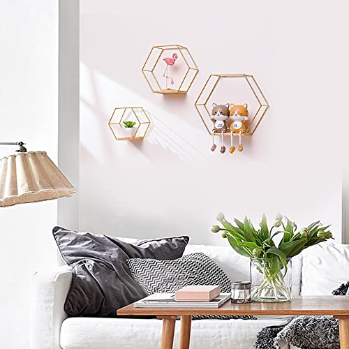 ＫＬＫＣＭＳ 3X Nordic Style Hexagon Honeycomb Floating Wall Shelf Display Iron Hanging Storage Rack Holder for Home/Office Bathroom Kitchen Room , Gloden