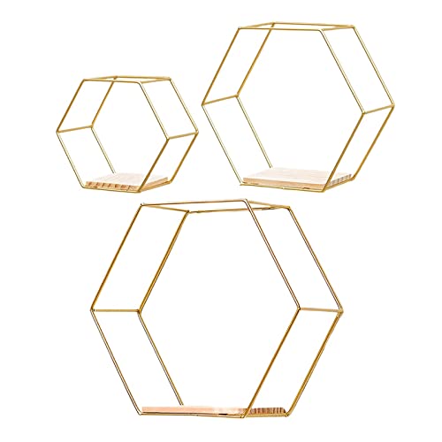 ＫＬＫＣＭＳ 3X Nordic Style Hexagon Honeycomb Floating Wall Shelf Display Iron Hanging Storage Rack Holder for Home/Office Bathroom Kitchen Room , Gloden