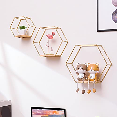 ＫＬＫＣＭＳ 3X Nordic Style Hexagon Honeycomb Floating Wall Shelf Display Iron Hanging Storage Rack Holder for Home/Office Bathroom Kitchen Room , Gloden