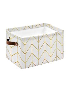 storage baskets for organizing, toy box chest modern herringbone geometric white and gold foldable cube storage bin with 2 leather handles set of 1