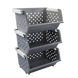 utiao 3 pack gray large stacking basket bin, open front stackable storage baskets