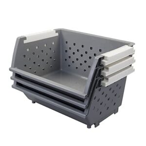 Utiao 3 Pack Gray Large Stacking Basket Bin, Open Front Stackable Storage Baskets