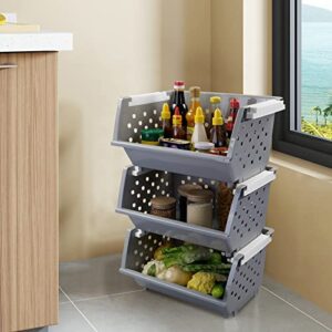 Utiao 3 Pack Gray Large Stacking Basket Bin, Open Front Stackable Storage Baskets