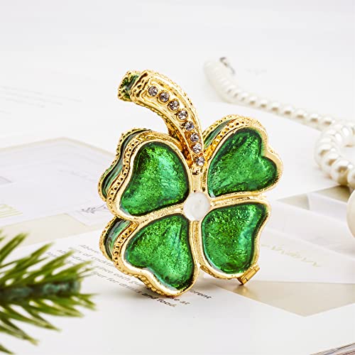 YU FENG Four Leaf Clover Trinket Boxes Hinged Jeweled Enameled Decorative Flower Jewelry Ring Holder Box Collectible