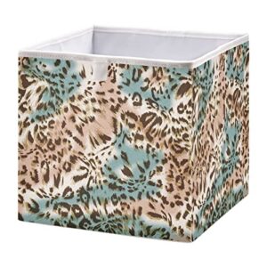 kigai blue brown leopard pattern fabric storage bin 11″ x 11″ x 11″ cube baskets collapsible store basket bins for home closet bedroom drawers organizers